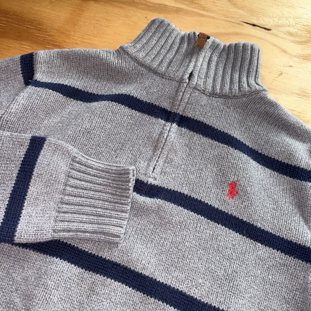 Polo Ralph Lauren 1/4 Zip Pullover Sweater Large 14-16 Gray Navy Stripe Rugby